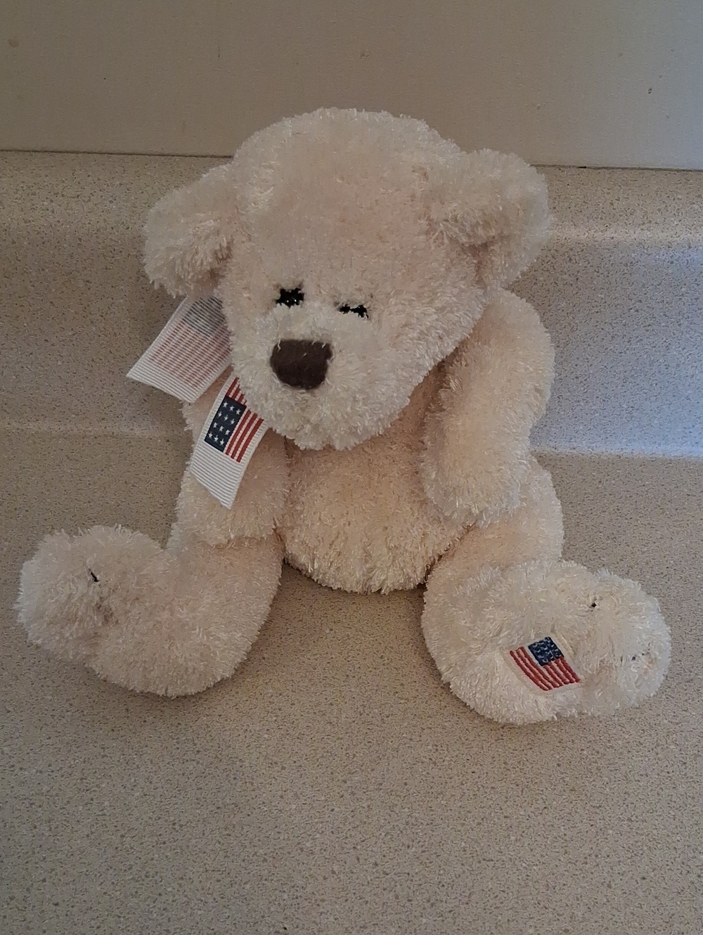Cream Plush Teddy Bear Holiday Pillow with American Flag Accent